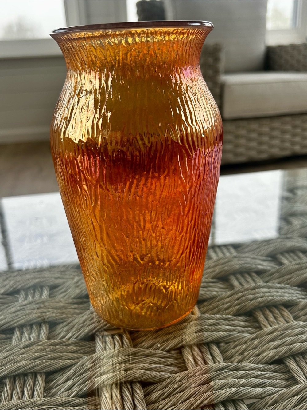 Jeanette Glass "Tree Bark" vase marigold  Orange carnival glass Vessel